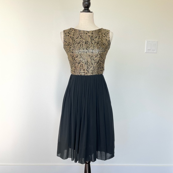Vintage Gold And Black Brocade And Chiffon Midi Cocktail Dress - Picture 2 of 10